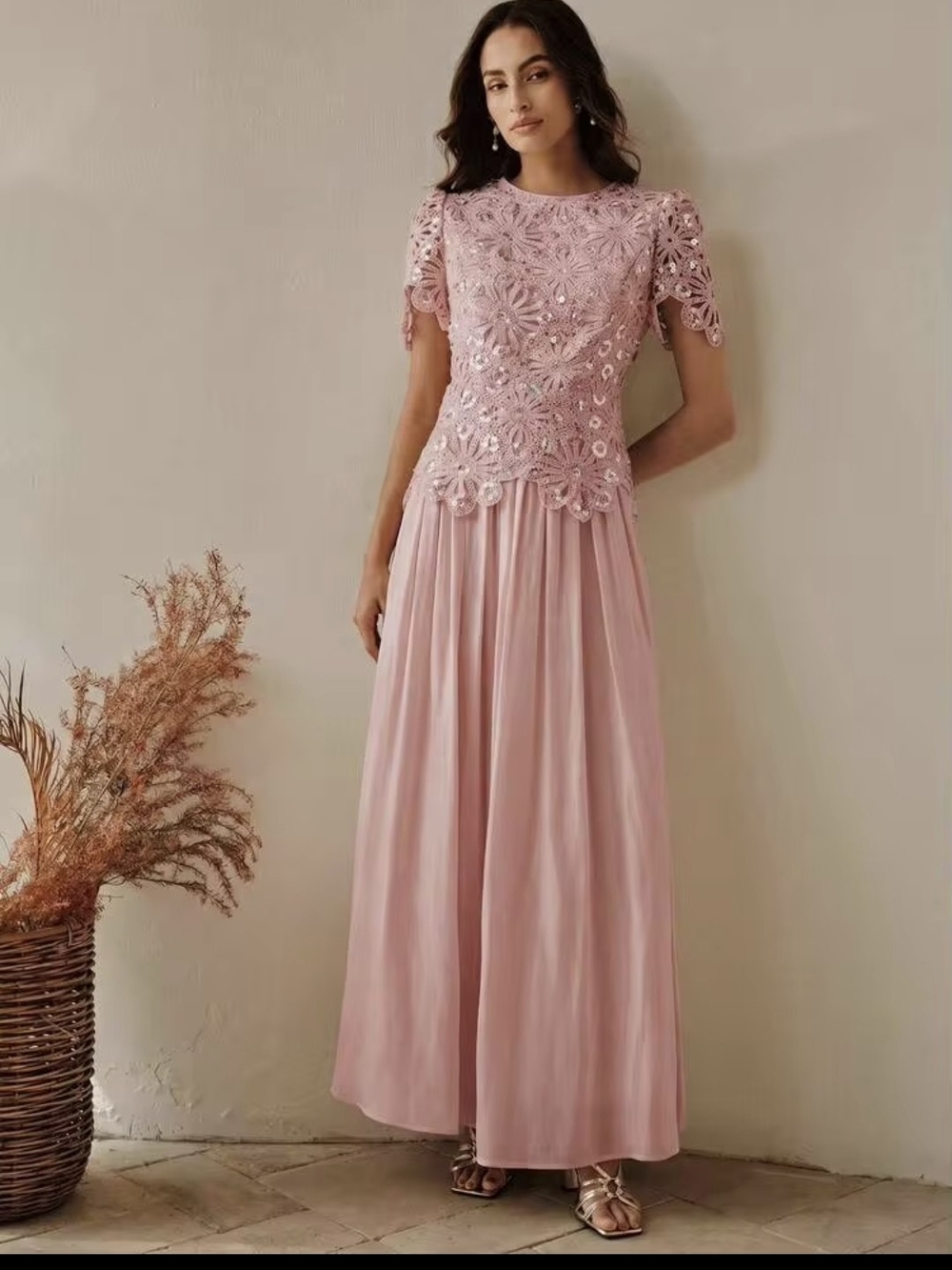 Anewsta Blush Pink Floral Lace Sequin Maxi Dress 💕